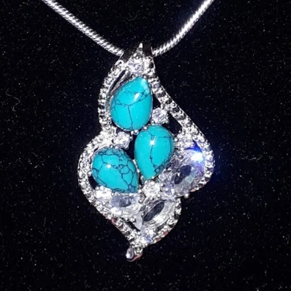 Natural Blue Turquoise, White Topaz & Cz 925 Sterling‎ Silver Necklace. - Picture 4 of 4